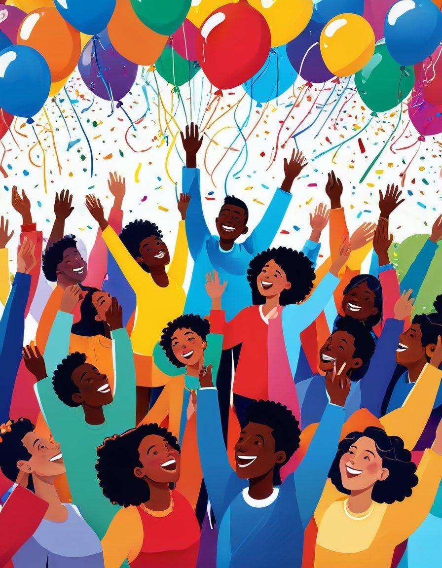 A vibrant scene depicting a diverse group of people joyfully celebrating together, holding up colorful banners that symbolize engagement and unity. In the background, a lively community event with balloons, confetti, and cheerful expressions, symbolizing the transition from voting to collective happiness. The atmosphere is bright and full of energy, showcasing the power of community involvement. vibrant colors. vector art. dynamic composition.