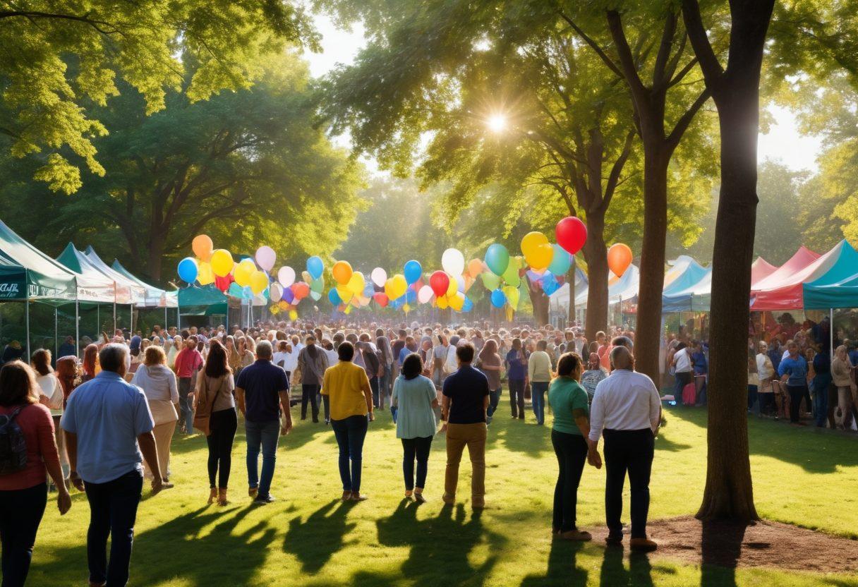 A vibrant community gathering scene with diverse people of different ages and backgrounds joyfully interacting and discussing business election ideas. Include colorful banners and voting booths set up in a park, symbolizing civic engagement. Capture the essence of teamwork and enthusiasm, perhaps with balloons and confetti in the air. Bright sunlight filtering through trees to create a warm, inviting atmosphere. super-realistic. vibrant colors. outdoors.