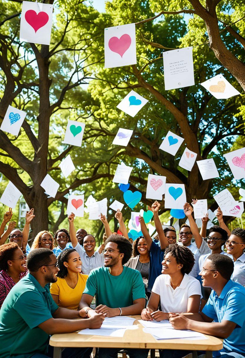 A diverse group of people joyfully engaging in a lively community meeting, showing colorful voting ballots and feedback boards. Incorporate bright, smiling faces and a sense of togetherness, with symbols of connection like hearts and lightbulbs around the scene. Illustrate a vibrant community setting with banners promoting engagement and change. The background features trees and a sunny sky to evoke a positive atmosphere. super-realistic. vibrant colors. community art.